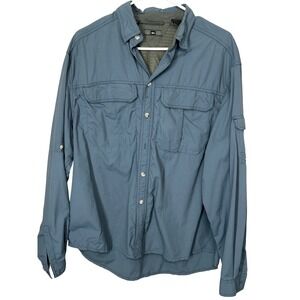 REI Men's Dusty Blue Long-Sleeve Button Up UPF Shirt Size Med Needs Button Sewn